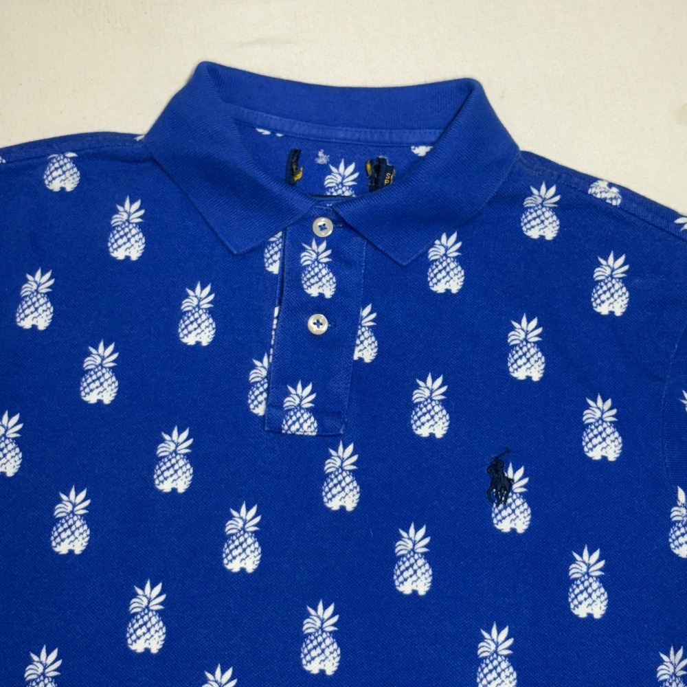 Polo Ralph Lauren Pineapple Polo Shirt Mens Small Blue Classic Fit Tropical Pony